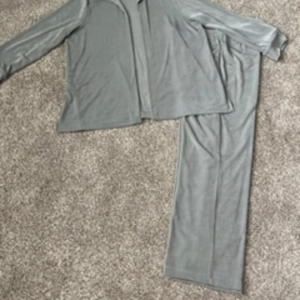 Pant suit/gray/soft flowing fabric. Petite Medium